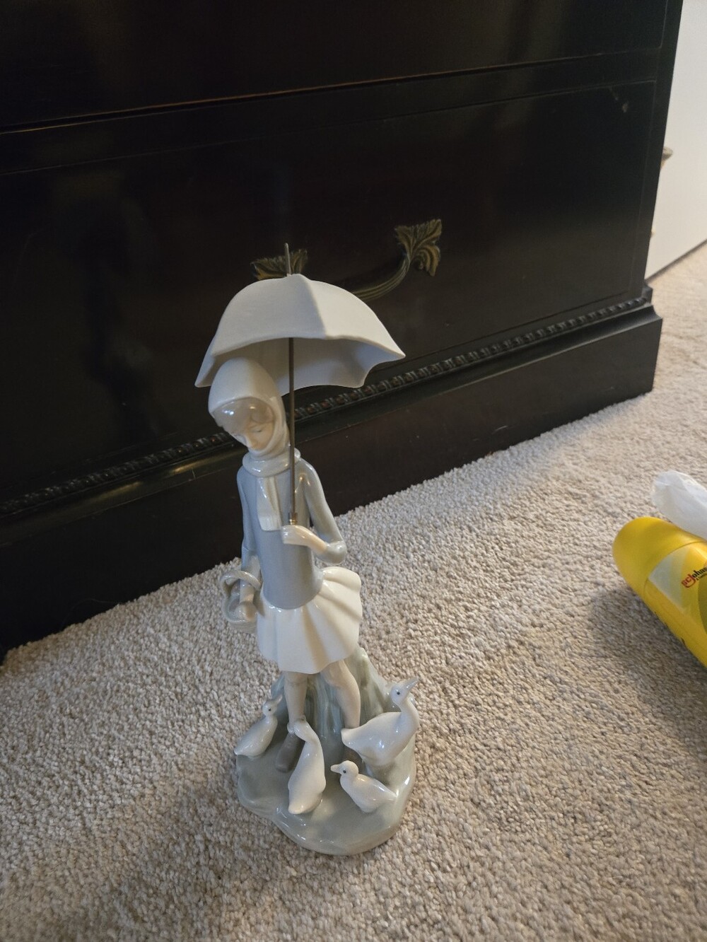 Lladro Porcelain Girl with Umbrella Figurine in White and Pale Blue